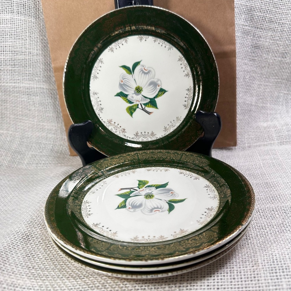 Taylor Smith Taylor Dogwood Green Gold Filigree Bread Plates Set of 4 6.25"